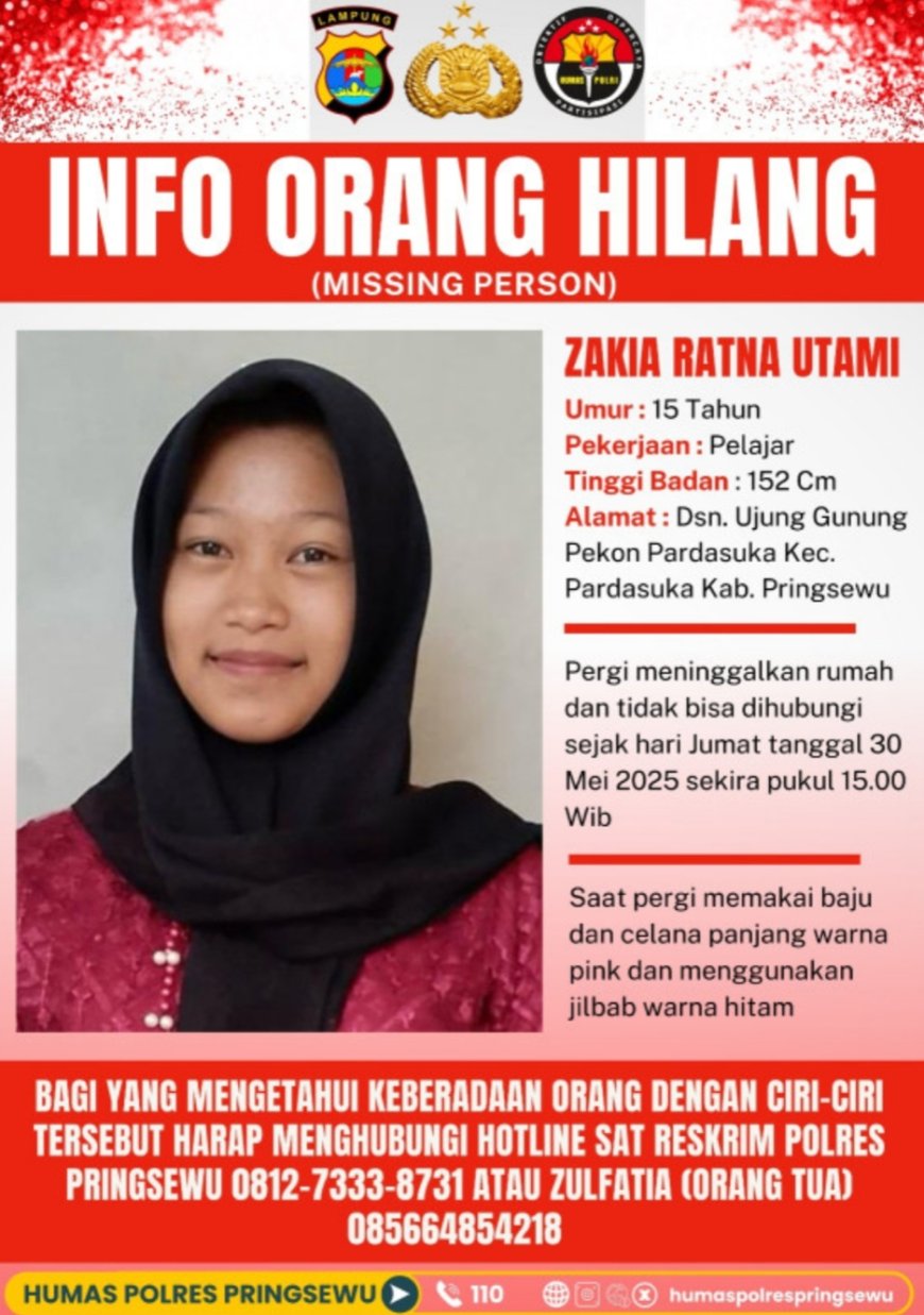 Gadis Muda Hilang dari Rumah di Pringsewu, Masyarakat Diminta Bantu Pencarian Zakia