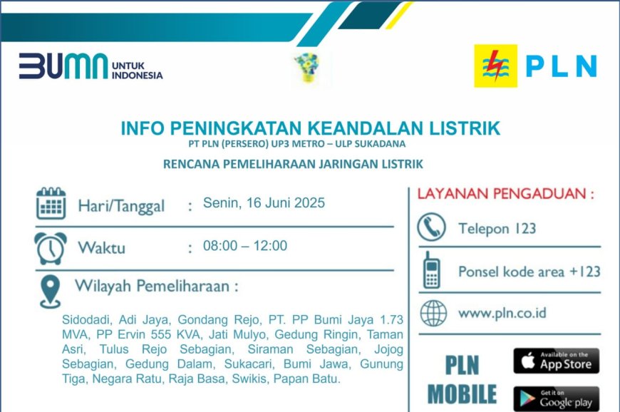 Pemeliharaan Jaringan : PLN ULP Sukadana Jadwalkan Pemadaman Listrik, Ini Waktu dan Lokasinya