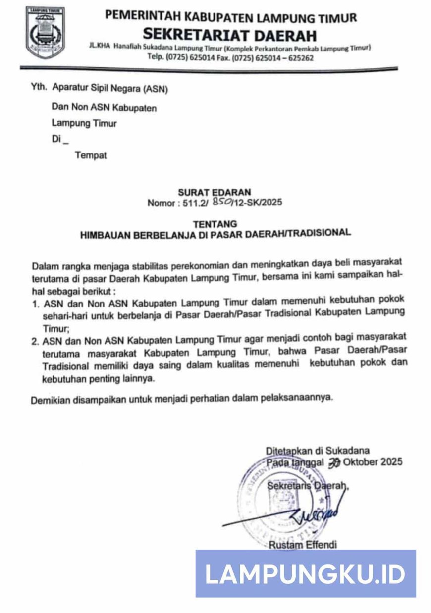 ASN dan Non ASN Lampung Timur Diimbau Belanja ke Pasar Tradisional, Dongkrak Ekonomi Lokal
