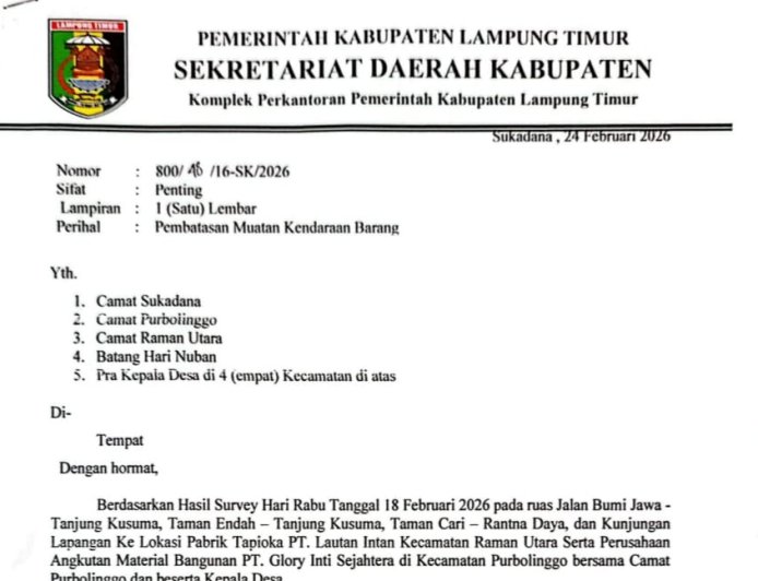 Pemkab Lampung Timur Batasi Muatan Kendaraan di Empat Kecamatan, Ini Alasannya