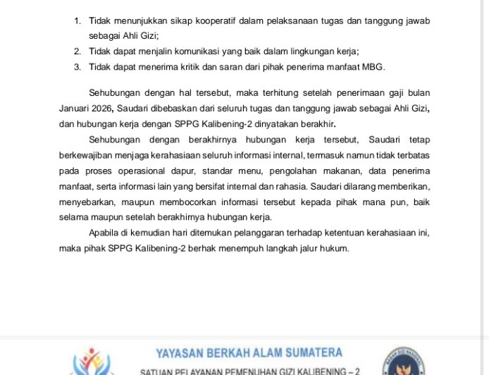 Diduga Langgar Aturan BGN, Kepala SPPG Kalibening 2 Putuskan Kerja Ahli Gizi dan Relawan Secara Sepihak