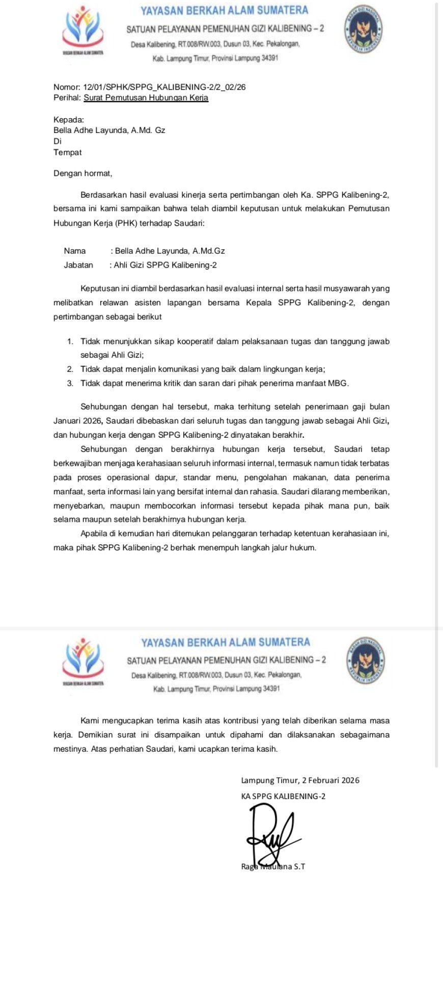 Diduga Langgar Aturan BGN, Kepala SPPG Kalibening 2 Putuskan Kerja Ahli Gizi dan Relawan Secara Sepihak