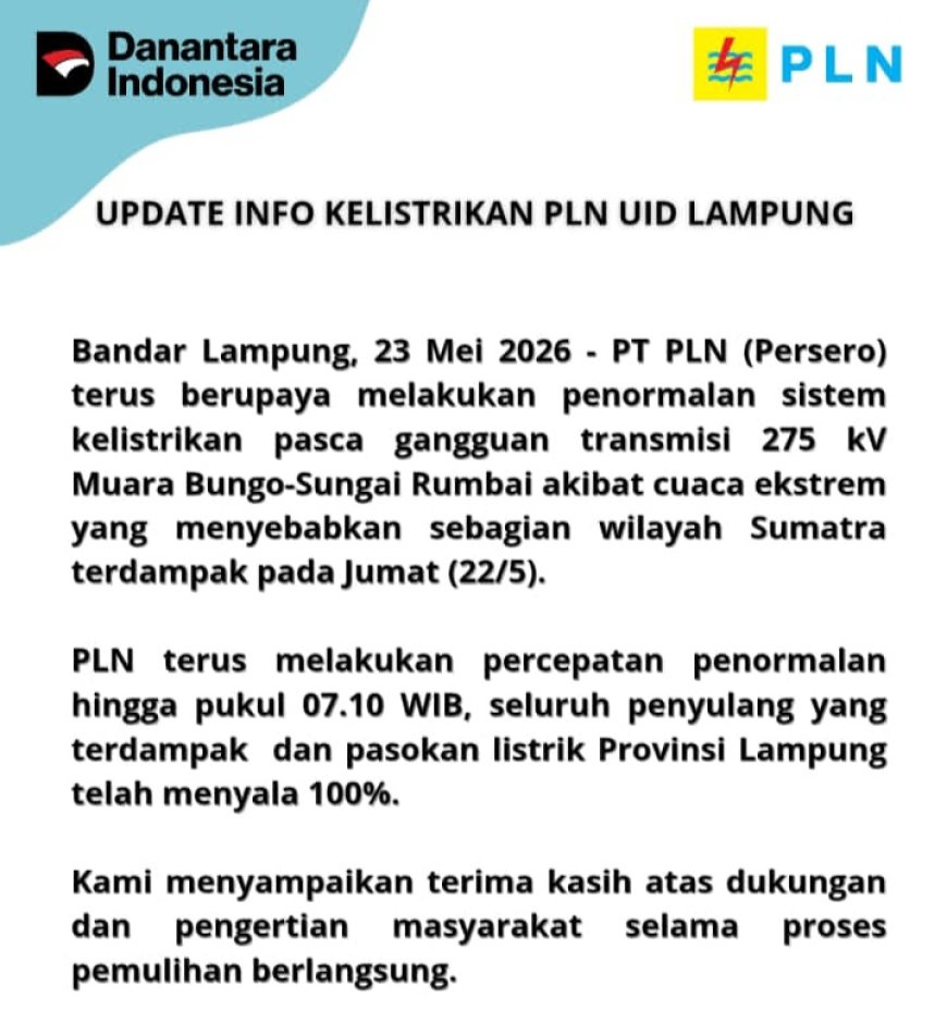 Listrik Lampung Kembali Normal 100 Persen, PLN Tuntaskan Pemulihan Pasca Gangguan Transmisi akibat Cuaca Ekstrem
