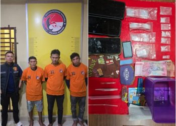 Kanit Reskrim IPDA. Kameda S, S.H dan ketiga pelaku (baju orange) berikut barang bukti saat diamankan di Polsek Prapat Janji. (mass)