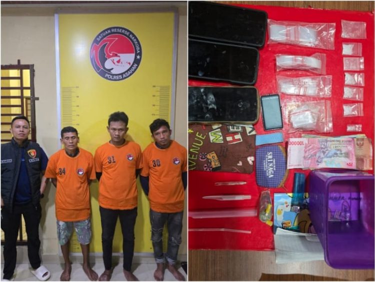 Kanit Reskrim IPDA. Kameda S, S.H dan ketiga pelaku (baju orange) berikut barang bukti saat diamankan di Polsek Prapat Janji. (mass)