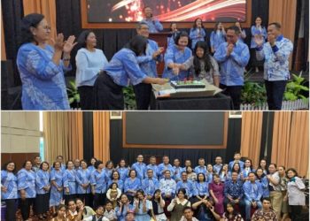 Atas: Ibu Gembala Sidang, Ny. Pdt. I Nyoman Hadi sedang memotong kue ulang tahun, didampingi para perwakilan pelayan dan jemaat, juga Pendeta Pengkhotbah. Bawah: Berfoto bersama usai ibadah dan acara perayaan ulang tahun ke 13 GBI Sapadia di Pematangsiantar. (Foto: Dok. GBI Sapadia Pematangsiantar).