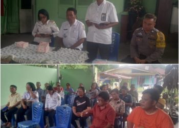 Atas: Dorli M. Pasaribu dari Bagian Humas Perumda PAM Tirtauli sedang memaparkan materi sosialisasi, yang didampingi Lurah Aek Nauli, Camat Siantar Selatan, dan Bhabinkamtibmas Kelurahan Aek Nauli. Bawah: Warga Kelurahan Aek Nauli yang berdomisili di sekitar Mual Kobun dengan serius dan tekun mendengar uraian tentang Sosialisasi  Pemberdayaan Mual Kobun. (Foto: MN-LSN).