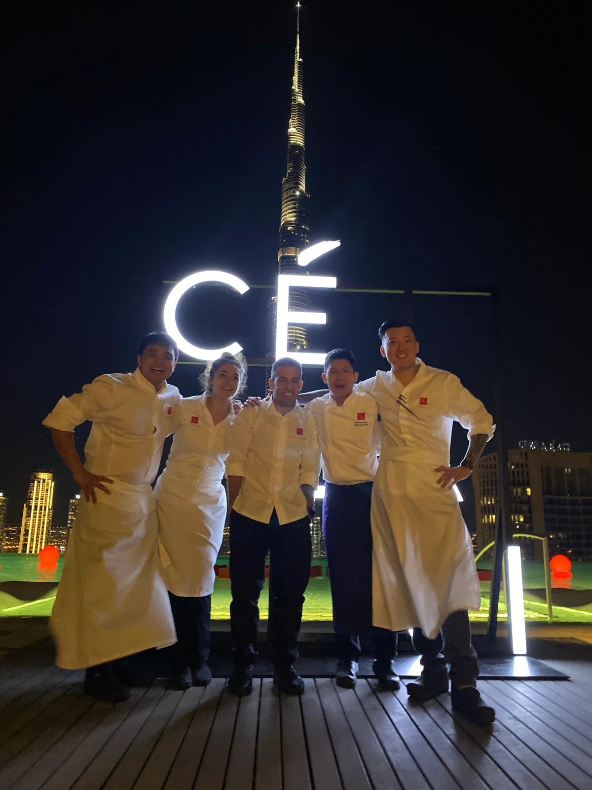 Chef Bobby Sutanto with the Ce La Vi Dubai kitchen team at night