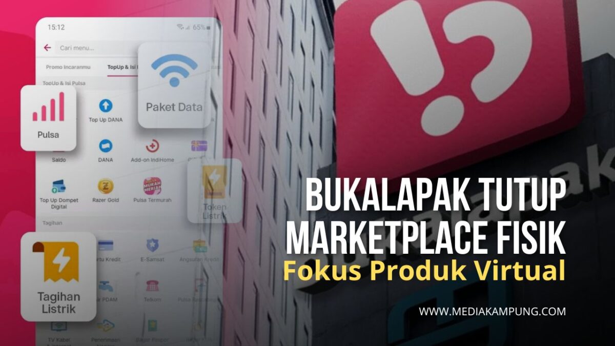 Ilustrasi aplikasi Bukalapak dengan produk virtual.