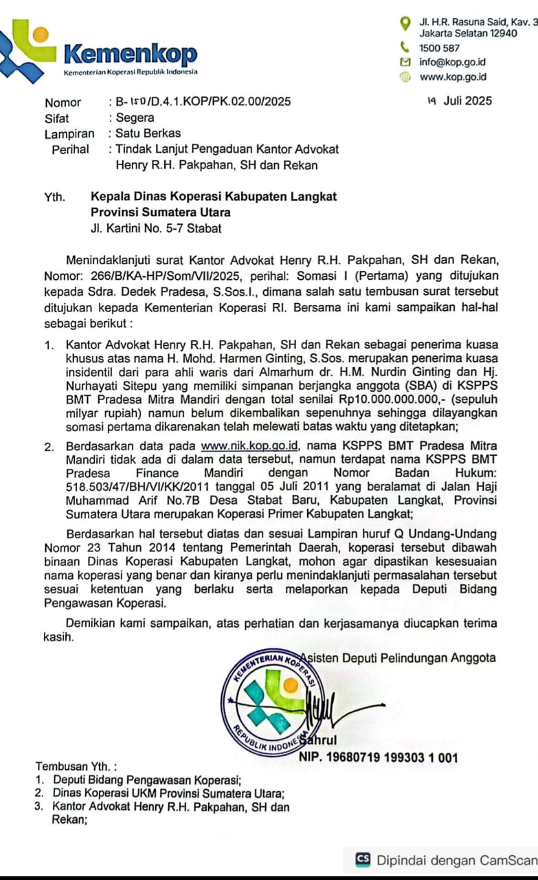 Koperasi di Langkat Diduga Tipu Nasabah Miliaran Rupiah, Nama Anggota DPRD Terseret surat resmi dari Kementerian Koperasi dan UKM Republik Indonesia