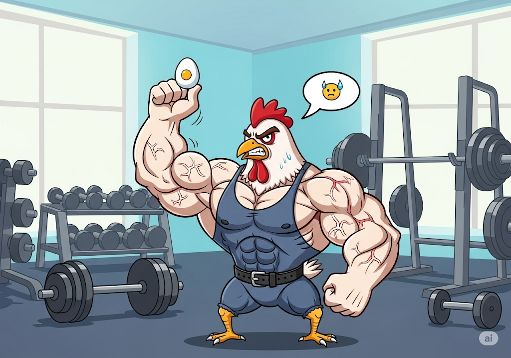 Muscular bodybuilder chicken lifting tiny egg