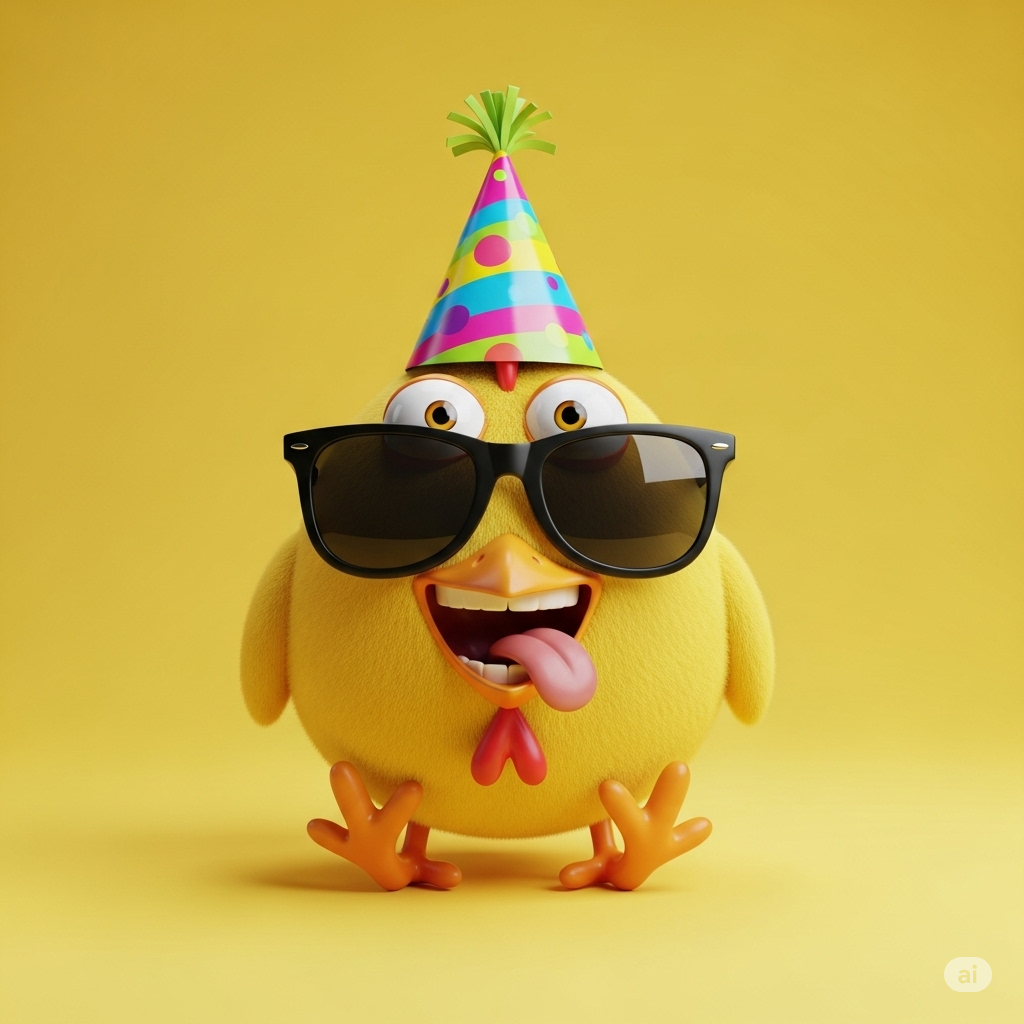 Happy party chicken with sunglasses and party hat