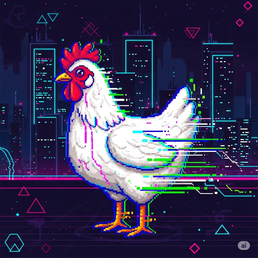 Glitch art pixel chicken with cyberpunk colors