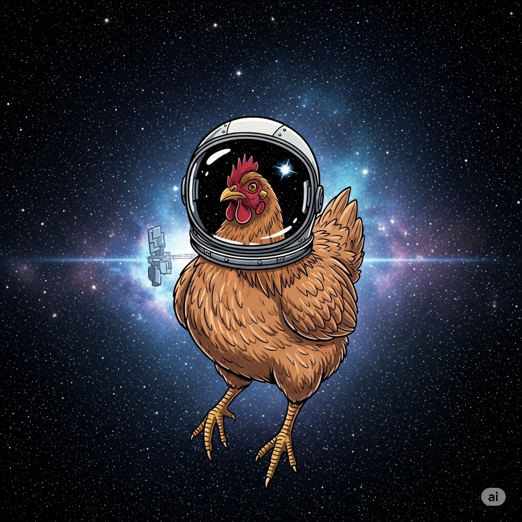 Chicken astronaut floating in space