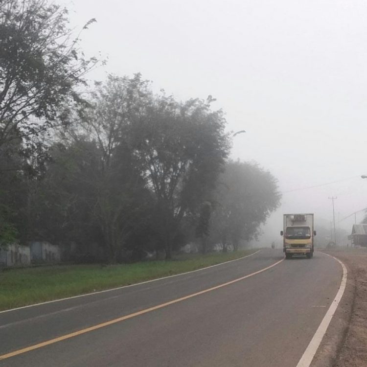 Terlihat Kabut Putih Tebal Menutupi Jalan Lintas