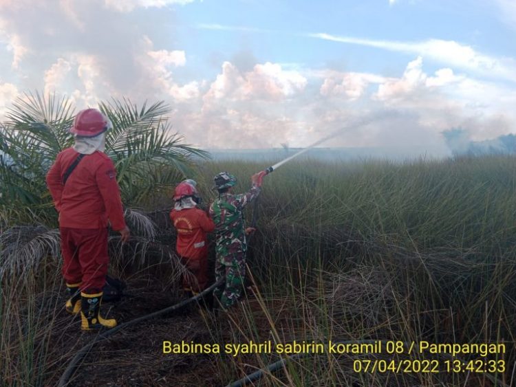 Babinsa Koramil 402-08/Pampangan Kodim 0402/OKI bersama Tim dari Manggala Agni Kabupaten OKI dan Babinkamtibmas membantu memadamkan kebakaran lahan milik Desa seluas ± 3 Ha di Desa Deling Kecamatan pangakalan Lampam Kabupaten OKI