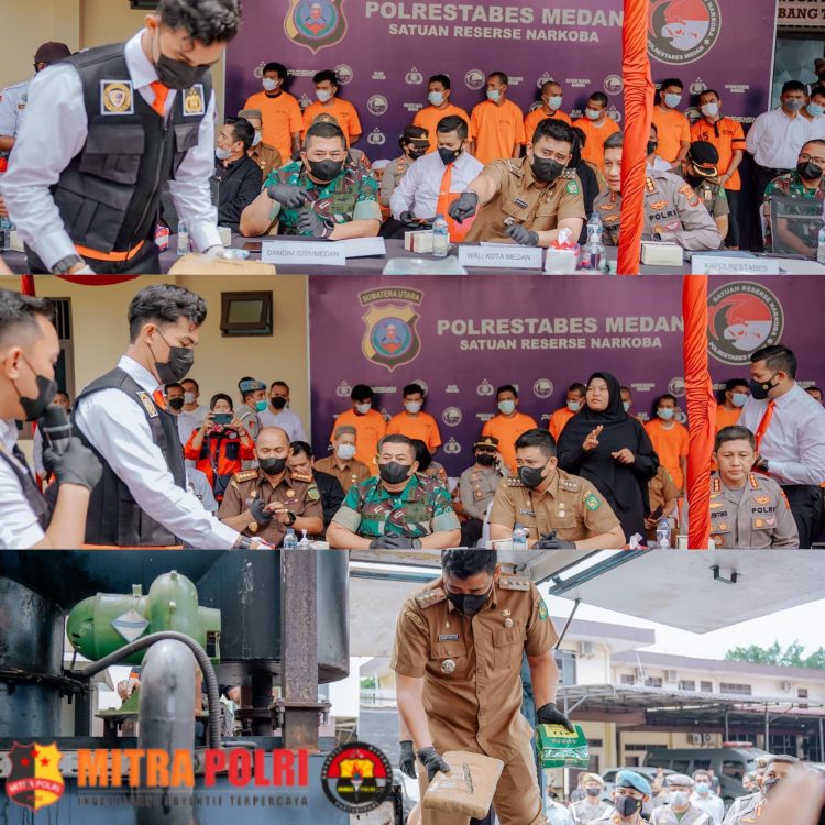 Polrestabes Medan Musnahkan Barang Bukti Narkoba diantaranya 45.810 gram sabu, 15.000 gram ganja, 350 butir pil ekstasi dan 200 butir erimin 5