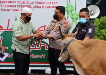 Kapolresta Manado Kombes Pol Julianto P. Sirait, S.H.,S.I.K menyerahkan hewan kurban secara simbolis kepada Panitia Hari Raya Idul Adha 1443 Hijriah Polresta Manado