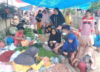 Babinsa Koramil 07/Kejuruan Muda Serda LO Situmorang melakukan pemantauan harga sembako di Pasar Tradisional di Kampung Kebun Sungai Liput