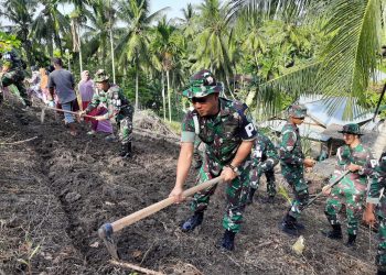 Personel Denpom IM/1 Lhokseumawe di bantu masyarakat telah melaksanakan kegiatan Pembersihan Lahan penanaman bibit jagung manis