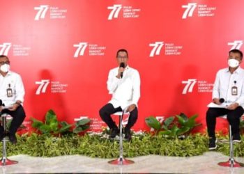 Kasetpres Heru Budi Hartono selaku Ketua Pelaksana Peringatan HUT ke-77 Kemerdekaan RI dalam keterangannya bersama dengan Sekretaris Kementerian Sekretariat Negara Setya Utama, dan Deputi Bidang Protokol, Pers, dan Media Sekretariat Presiden Bey Machmudin