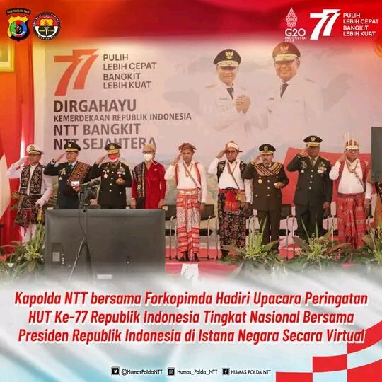Kapolda NTT Irjen Pol. Drs. Setyo Budiyanto, S.H., M.H., mengikuti upacara Bendera Peringatan Hari Ulang Tahun Kemerdekaan Republik Indonesia (RI) ke-77 tingkat Provinsi NTT di Alun-alun Rumah Jabatan Gubernur NTT