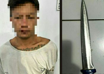 Tim Resmob Polres Bitung mengamankan terduga pelaku pengancaman dengan menggunakan senjata tajam jenis pisau badik terhadap Marlo (17)