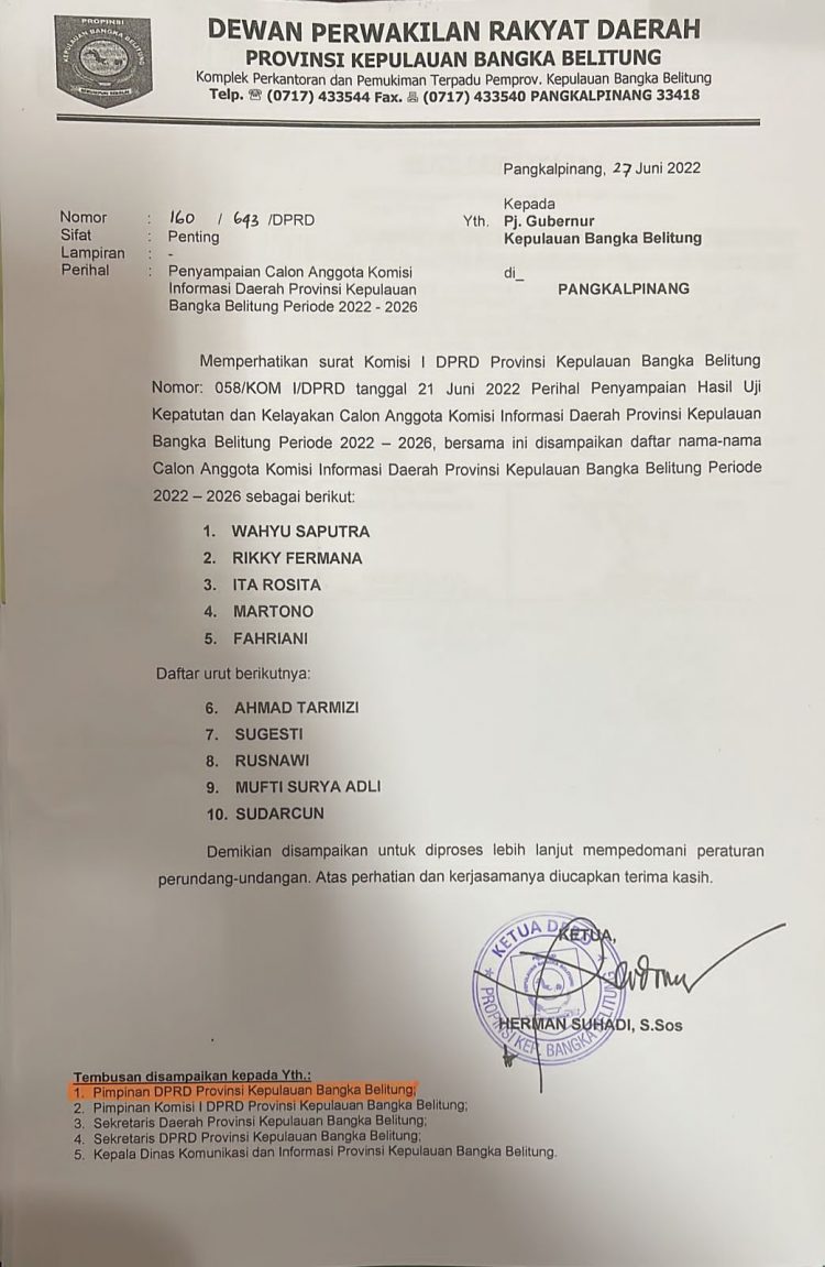5 Komisioner Komisi Informasi Dijadwalkan Dilantik Dan Diambil Sumpah Jabatan Oleh PJ Gubernur Kepulauan Bangka Belitung