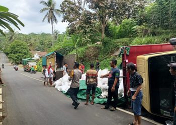 Kecelakaan lalu lintas tunggal menimpa sebuah truk bermuatan pakan ternak di jalan raya Desa Langgar, Kecamatan Kejobong