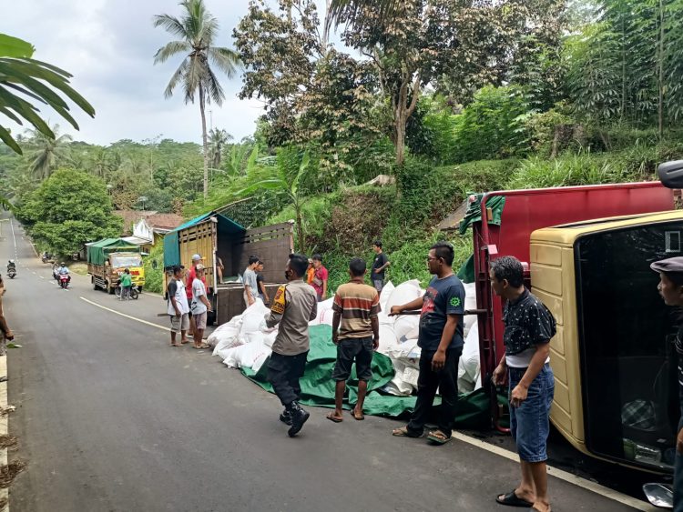 Kecelakaan lalu lintas tunggal menimpa sebuah truk bermuatan pakan ternak di jalan raya Desa Langgar, Kecamatan Kejobong
