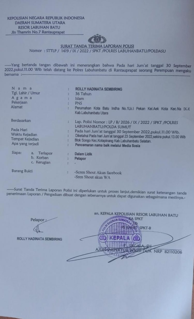 Surat Tanda Terima Laporan Polisi Polres Labuhanbatu