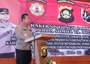 Kapolda Sumsel Irjen Pol Drs Toni Harmanto, MH memberikan arahan dalam Rapat Kerja Teknis (RAKERNIS) Harkam Polri Tahun 2022