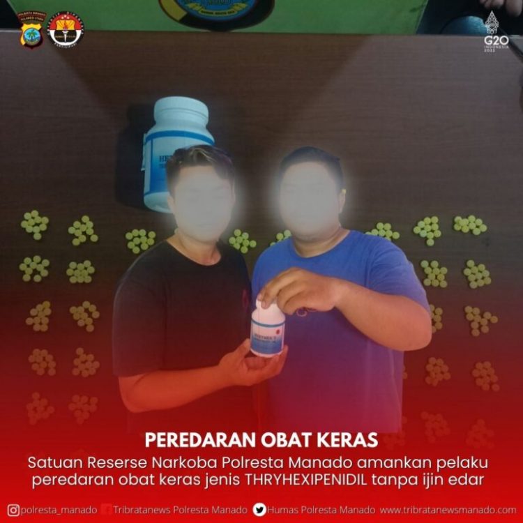 Tim satuan Reserse Narkoba Polresta Manado mengamankan dua orang laki-laki tersangka pengedar obat keras jenis Trihexyphenidyl