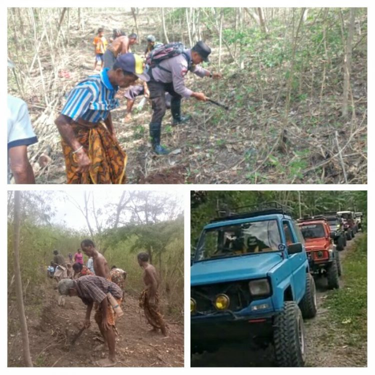Kerjasama antara Kreator Muda Peduli (KMP) Kupang dengan Beda Blok Tim off road bersama-sama Masyarakat RW.08 Dusun IV Desa Merbaun Kecamatan Amarasi Barat melaksanakan kerja bakti pembuatan jalan terobosan baru