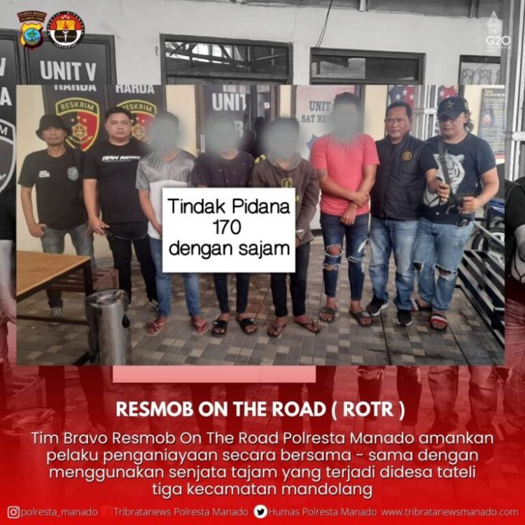 Tim Bravo Resmob Alpha Polresta Manado mengamankan pelaku penganiayan secara bersama-sama dengan senjata tajam (Sajam) yang terjadi di Desa Tateli Tiga