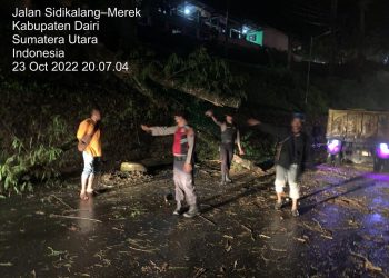 Kasat Samapta Polres Dairi AKP Tugono, SH Personil Sat Samapta Polres Dairi melaksanakan Pengaturan Kegiatan Pengaturan dan Pengendalian Arus Lalu Lintas pada lokasi terjadinya Pohon Tumbang