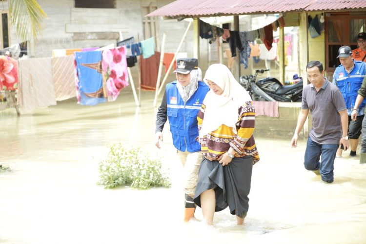 PJ Bupati Nagan Raya Fitriany Farhas AP. S.Sos., M.Si meninjau langsung lokasi banjir di Gampong Ujong Krueng, Kecamatan Tripa Makmur