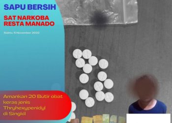 Satu orang tersangka pengedar obat keras jenis thryhexypenidyl tanpa izin diamankan Tim reserse Narkoba Polresta Manado