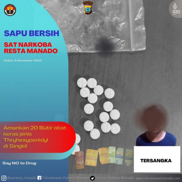 Satu orang tersangka pengedar obat keras jenis thryhexypenidyl tanpa izin diamankan Tim reserse Narkoba Polresta Manado