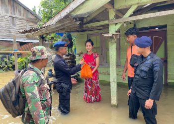 Personel dari Batalyon C Pelopor Satuan Brimob Polda Riau dipimpin Ipda Riki Handani, S.Hum bersama Polsek Batang Gansal dan Babinsa, menggelar patroli banjir sembari menyalurkan bantuan sembako