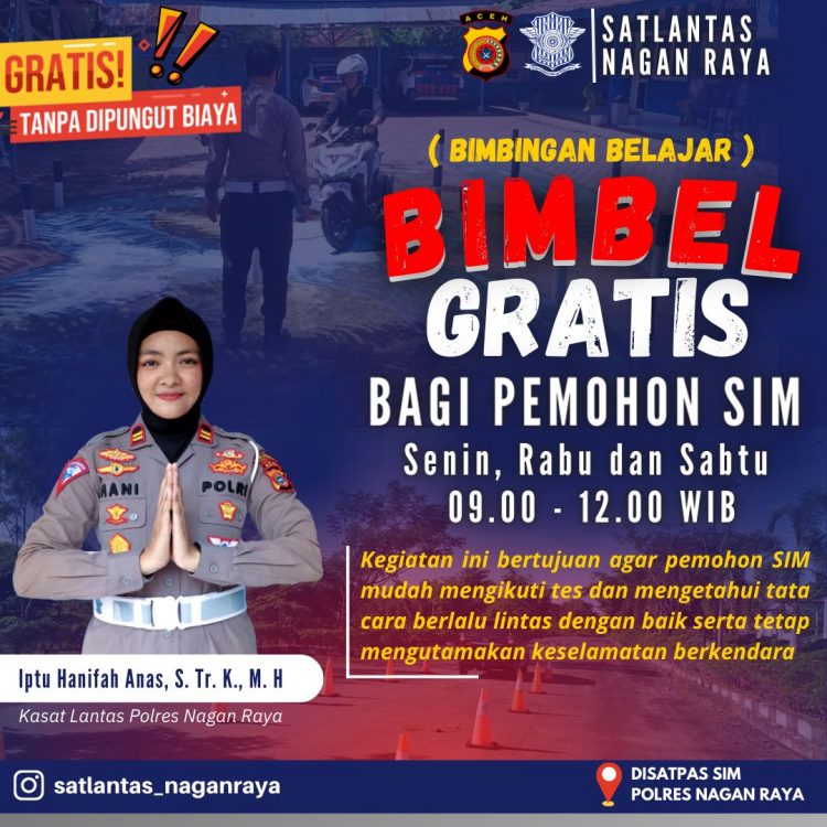 Satuan Lalu Lintas (satlantas) Polres Nagan Raya membuka bimbingan belajar Gratis bagi warga pemohon Surat Izin Mengemudi (SIM)