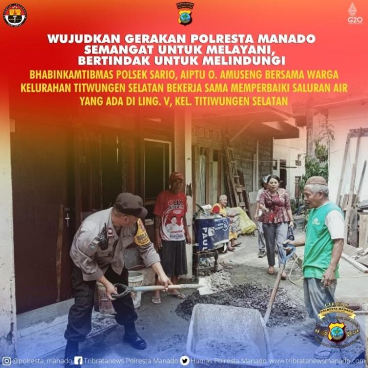 Bhabinkamtibmas Polsek Sario Polresta Manado Aiptu O. Amuseng turun langsung membantu masyarakat memperbaiki saluran air di Kelurahan Titiwungen