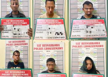 Enam tersangka penyalahgunaan Narkotika jenis sabu-sabu di Desa Blang Naleung Mameh, Kecamatan Muara Dua