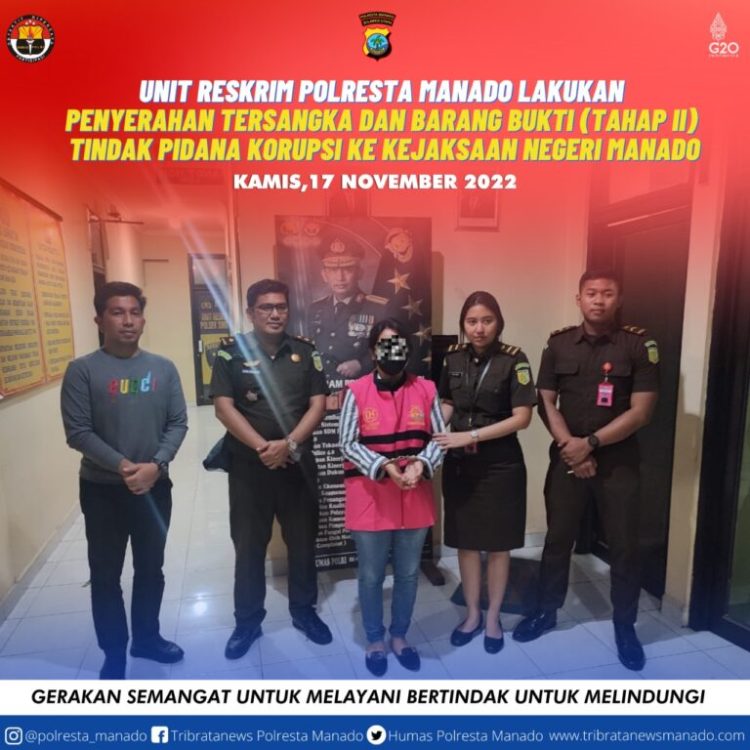 Satuan Reskrim Polresta Manado telah menyerahkan tersangka dan barang bukti (tahap II) dugaan tindak pidana korupsi kepada Kejaksaan Negeri (Kejari) Manado