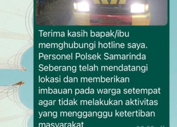 Warga yang terganggu dengan aktivitas masyarakat pada malam hari di sebuah stand ojek Jalan Patimura, Kelurahan Tenun, Samarinda Seberang mengadu ke nomor 08115421990 hotline Kapolda Kaltim
