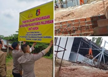 Penyidik Sat Reskrim Poltabes terlihat tengah memasang baliho resmi yang bertuliskan "TANAH INI DALAM PENGAWASAN SAT RESKRIM POLRESTABES PALEMBANG UNIT HARDA"
