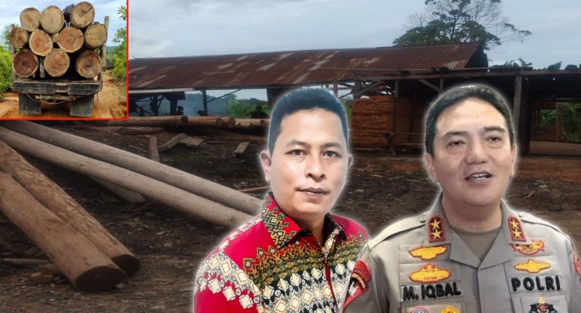 Kapolda Riau Irjen Pol Muhammad Iqbal (kanan bawah) dan Simon Nainggolan Pimpinan Umum Mitrapolri.com (kemeja merah) serta foto lokasi sawmill kayu illegal logging di Kampar, Riau (foto : Mitrapolri.com)