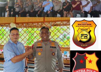 Foto bersama Tim FRN dan Mitrapolri.com dengan Kapolres Kampar beserta PJU (atas). Pimpinan Umum Mitrapolri.com Simon Nainggolan bersama Kapolres Kampar AKBP Didik Priyo Sambodo, S.I.K (kiri). Logo FRN dan Mitrapolri.com (kanan)