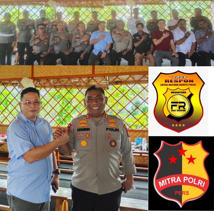 Foto bersama Tim FRN dan Mitrapolri.com dengan Kapolres Kampar beserta PJU (atas). Pimpinan Umum Mitrapolri.com Simon Nainggolan bersama Kapolres Kampar AKBP Didik Priyo Sambodo, S.I.K (kiri). Logo FRN dan Mitrapolri.com (kanan)