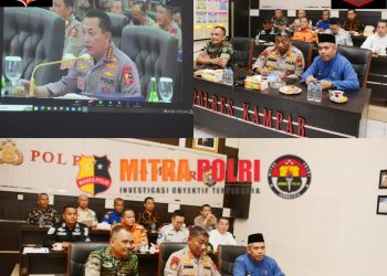 Kapolres Kampar bersama Forkopimda dan Instansi terkait mengikuti Vicon Rakor Lintas Sektoral Bidang Operasional Tahun 2022 dalam rangka Kesiapan Pengamanan Natal 2022 dan tahun baru 2023